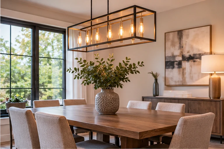 Welcoming modern dining room with an illuminated statement chandelier