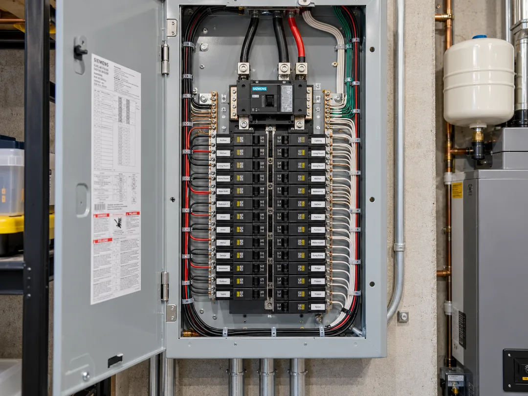 Clean, carefully organized residential breaker panel