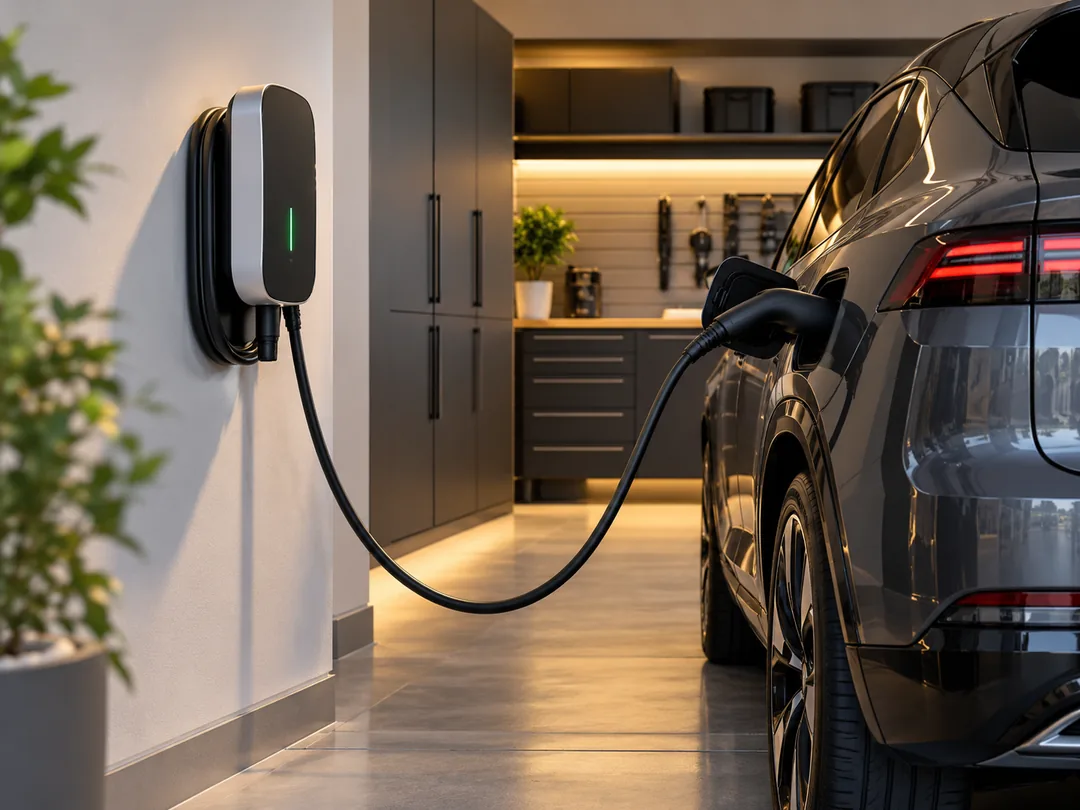 Home electric vehicle charger installed in a modern garage