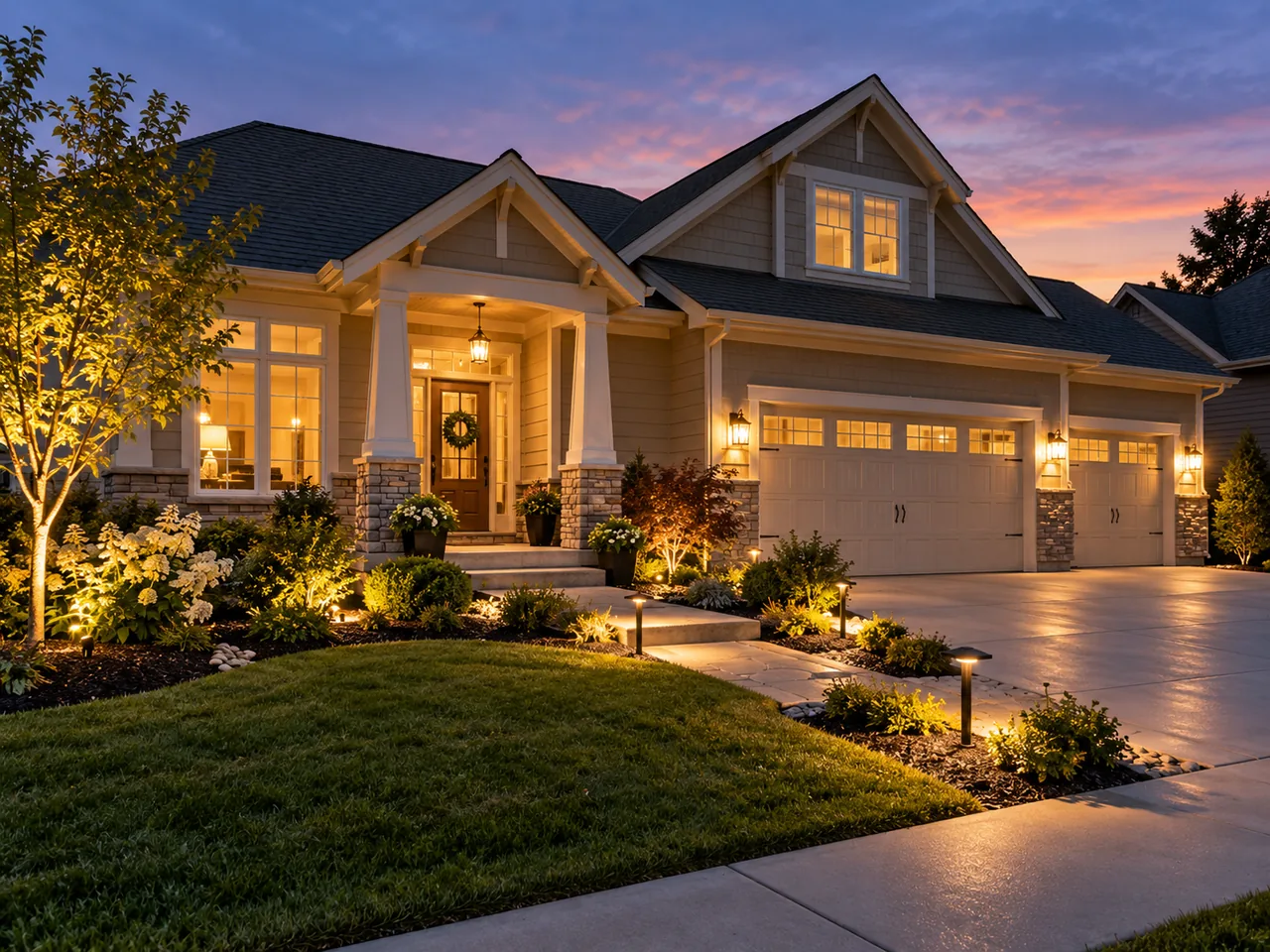 Home exterior with illuminated walkways and landscape lighting