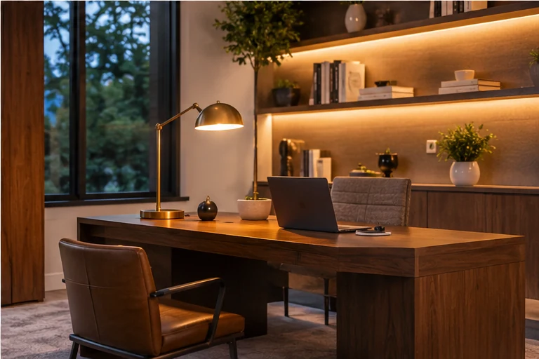 Comfortable home office with thoughtful task lighting and warm shelf lighting