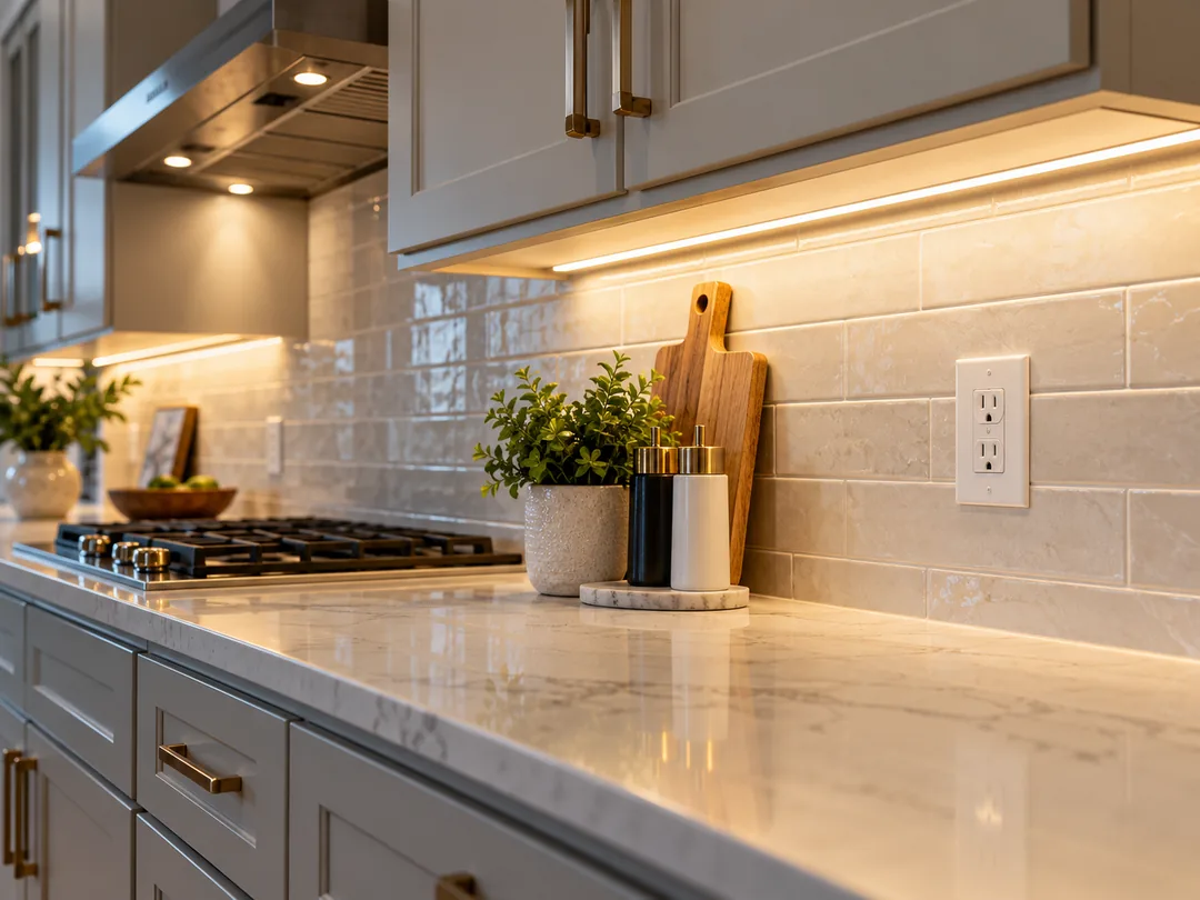 Warm under-cabinet lighting illuminating a modern kitchen