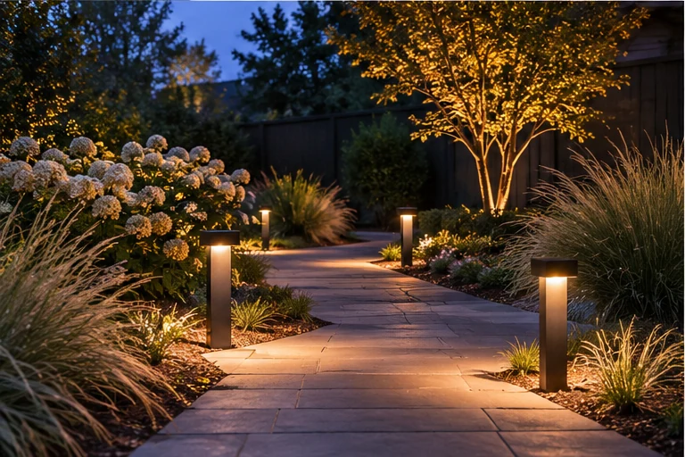Landscaped garden walkway illuminated with modern path lights