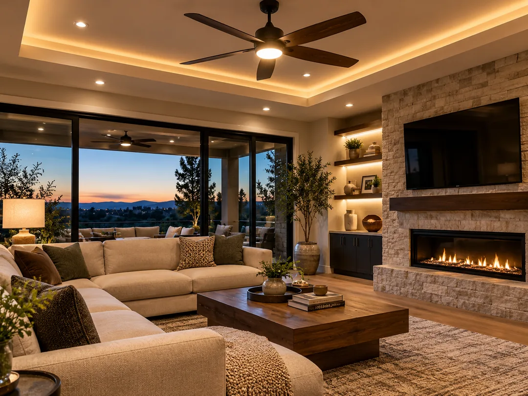 Comfortable living room with ceiling fan and warm ambient lighting