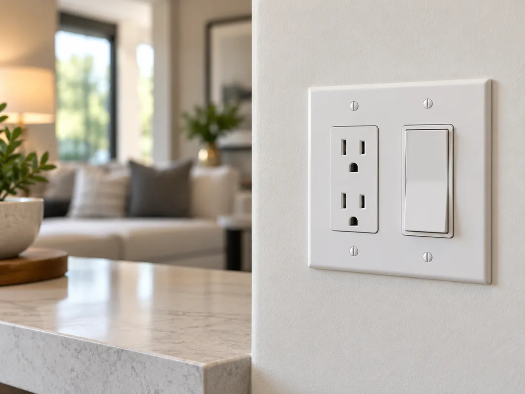 Modern electrical outlet and light switch in a home