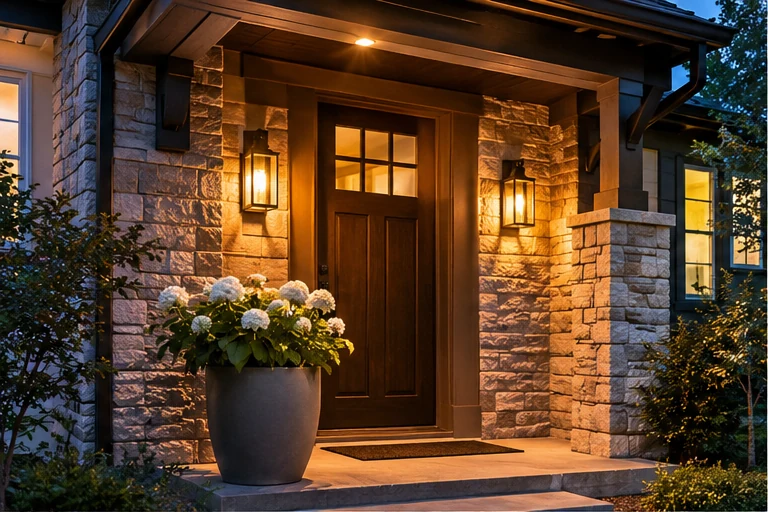 Warm porch lights at a stone-front home entrance at dusk